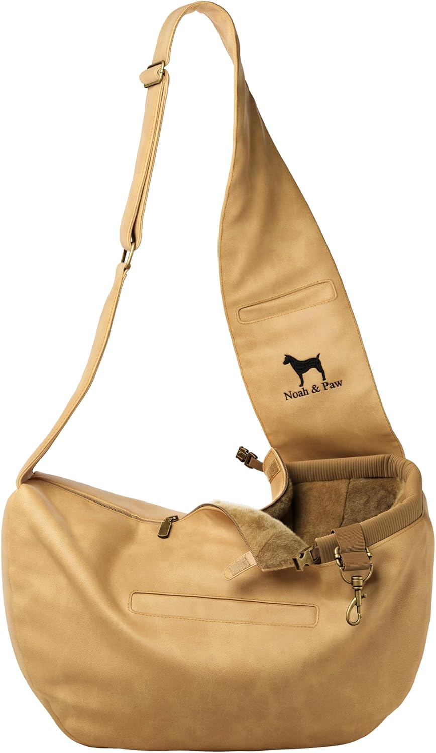Noah & Paw Dog Sling Carrier for Small Dogs 5-18lb, Cat Carrier, Pet Sling with Adjustable Padded Strap, Vegan Leather Lined with Fur, 3X Safety Feature, Machine Washable