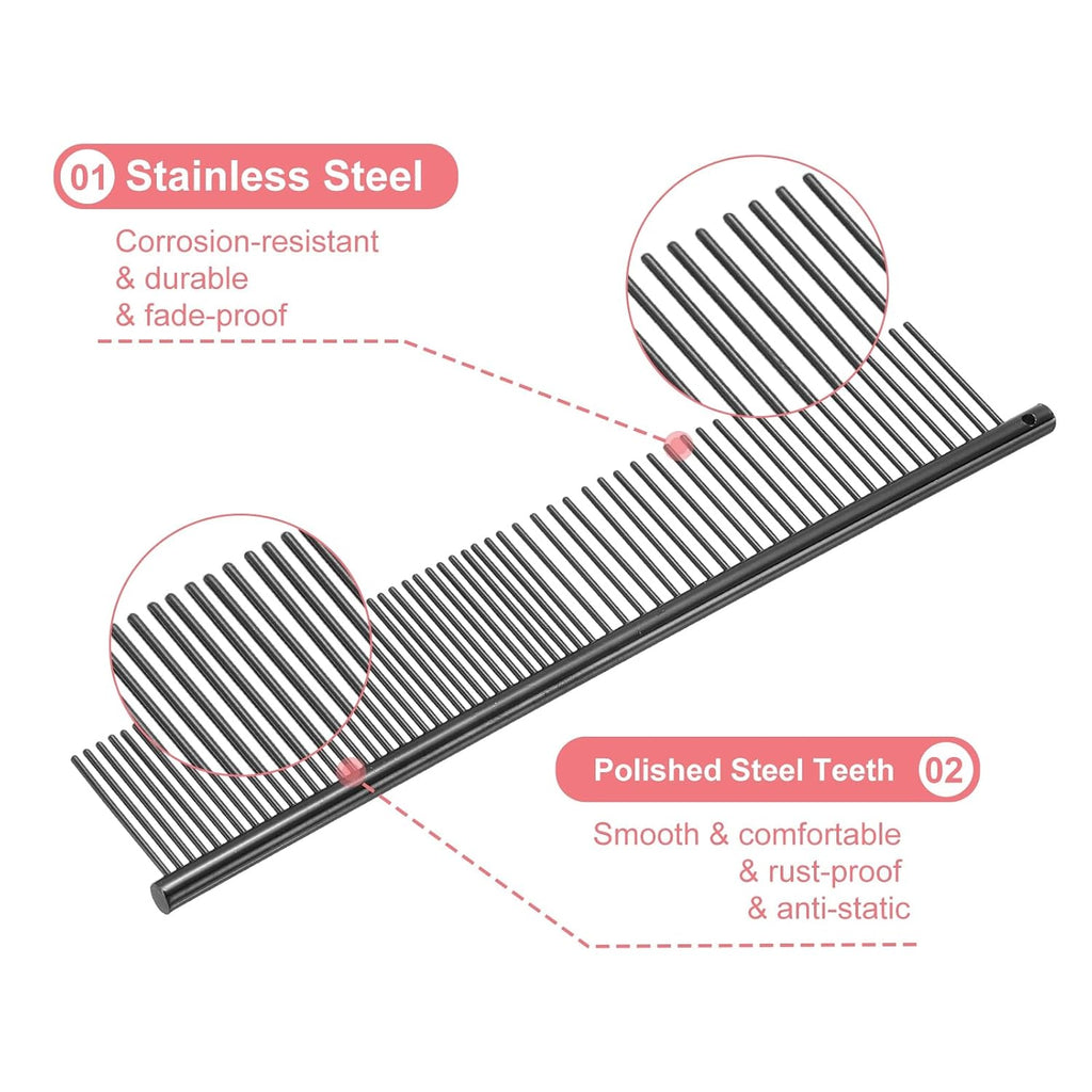 Dog Cat Comb, Pet Combs Stainless Steel Teeth with Rounded Ends for Knots Mats Loose Hair Removal, 7.5IN (Black Plated, 3 Pack), Grooming Tool Intended for Long Curly Hair Pet
