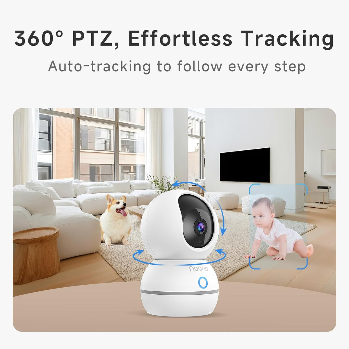 Noorio 4MP/2K Indoor Security Camera, 2.4GHz UHD 360° PTZ Pet/Dog Camera