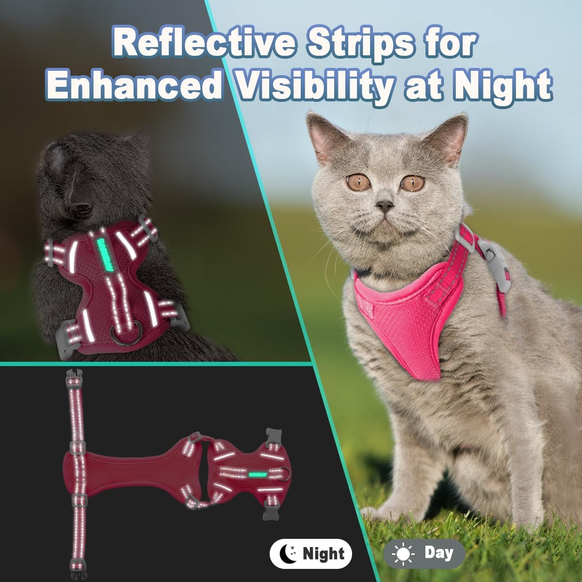 Cat Harness and Leash Set Escape Proof for Kitten Walking, Soft Adjustable Top Handle Vest Harnesses for Cats, Easy Control Breathable Reflective Small Medium Large, Pink, M