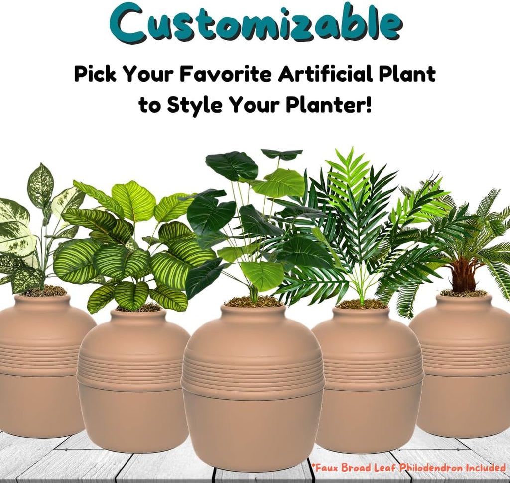 Good Pet Stuff Original Hidden Litter Box Planter, Decorative Cat Litter Enclosure, Carbon Filter, Faux Plant, Round Design, Easy to Clean, Base Kit, Broad Leaf Philodendron, Terracotta Brown