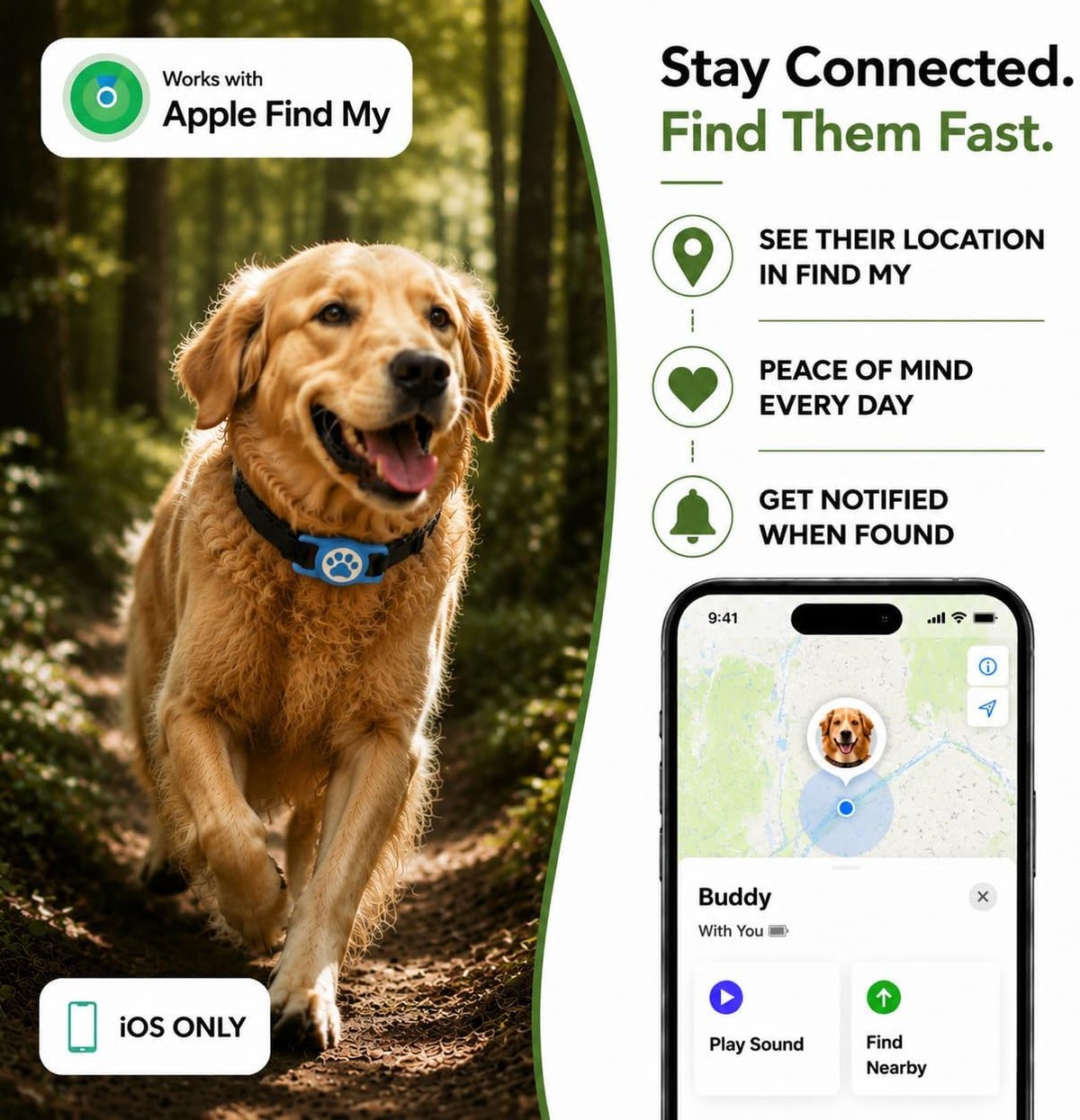 Dog Tracker with Apple Find My, GPS Pet Tracker for Dogs and Cats