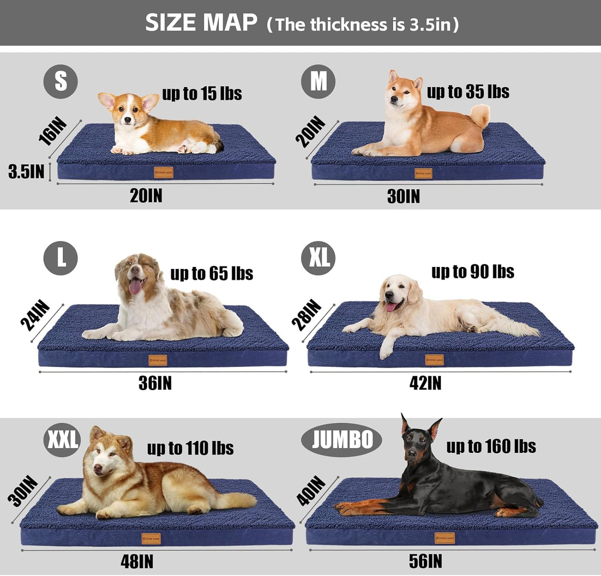 Patas Lague Orthopedic Large Dog Bed Pet Sofa Mat 48''X30'' Navy Blue