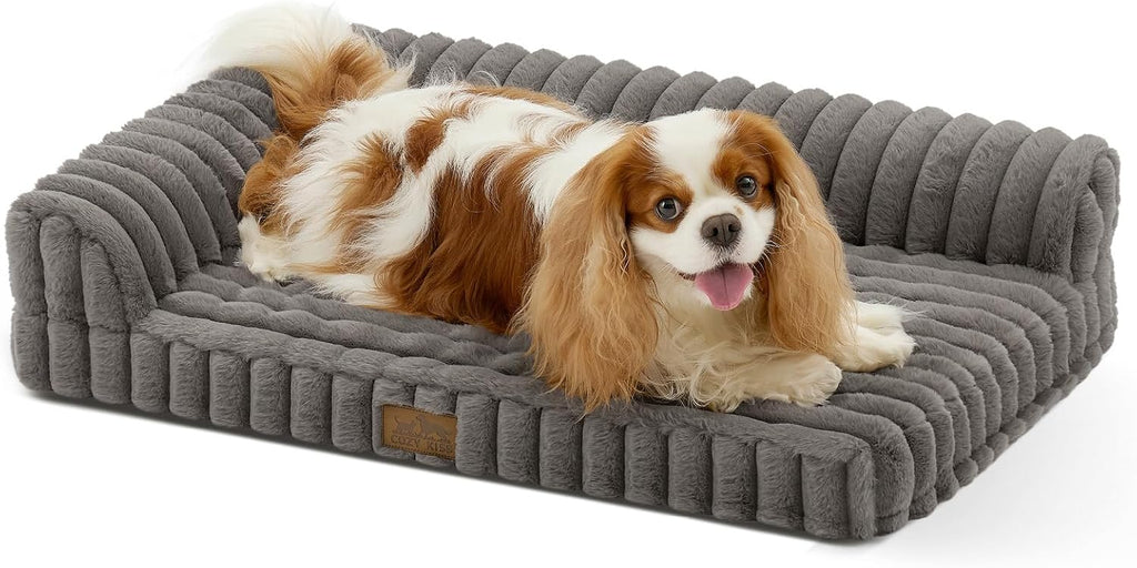 COZY KISS Faux Rabbit Fur Small Dog Bed – 30"x20" Orthopedic Foam Couch with Sides, Removable Washable Cover & Waterproof Lining, Grey