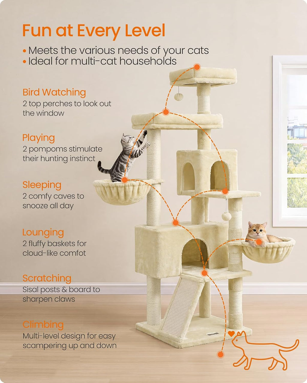 Feandrea Cat Tree, 68.5-in Tall Cat Tower, Multi-Level Condo, Beige