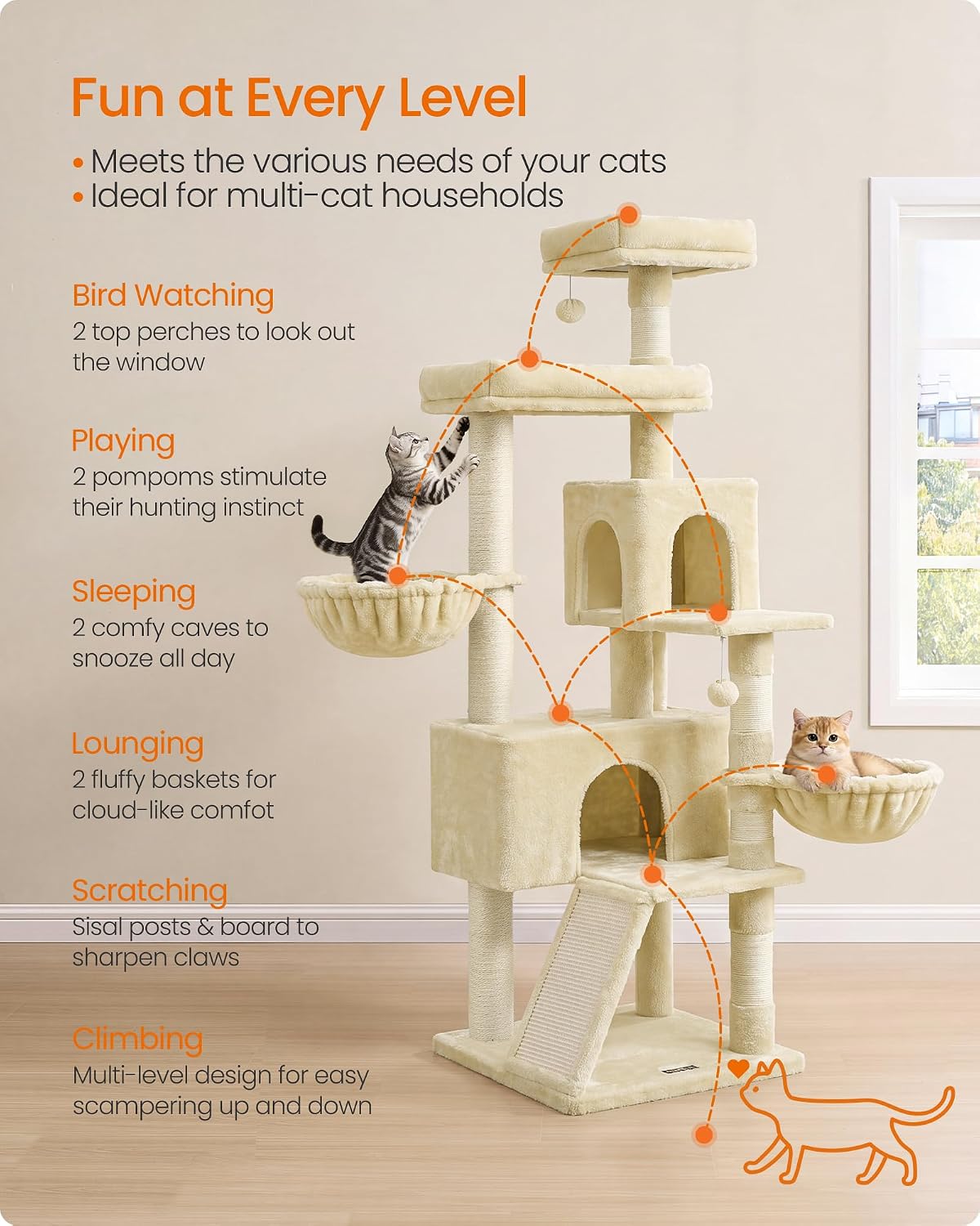 Feandrea Cat Tree, 68.5-in Tall Cat Tower, Multi-Level Condo, Beige