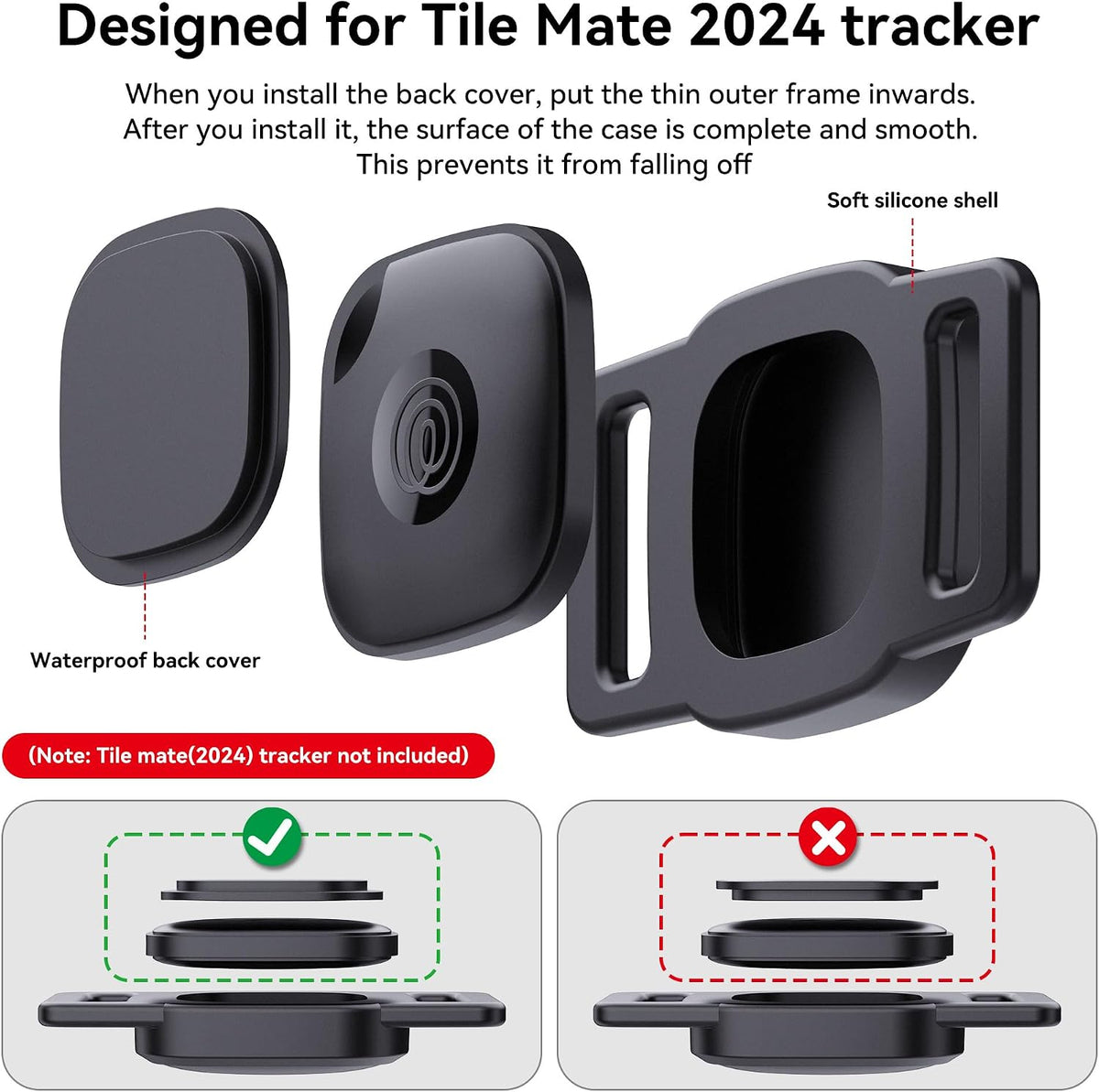 DDJ 2-Pack Waterproof Dog Collar Holder for Tile Mate Tracker, Durable Silicone Life360 Tile Case for Cat &Pet Collars Without Shaking, Anti-Lost Full Body for Tile Cover, Easy to Install, Black