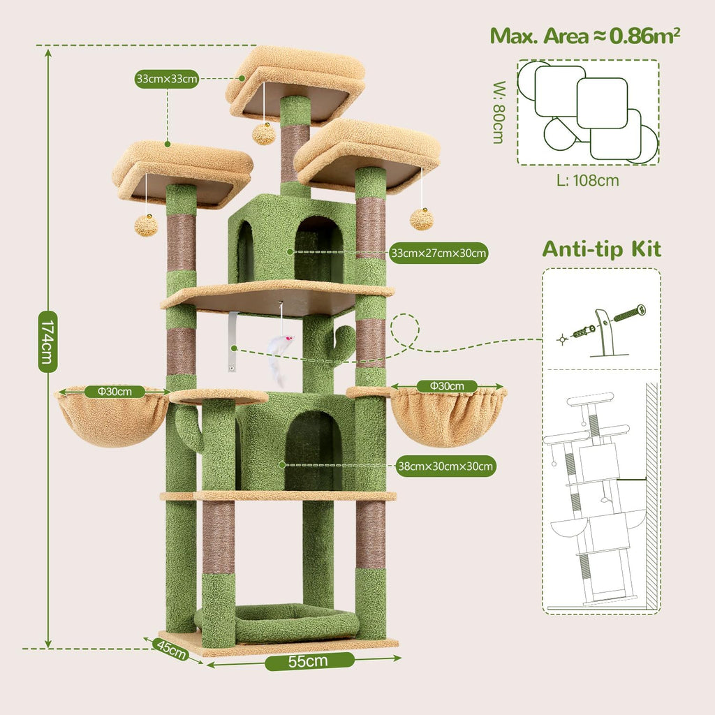 Globlazer Big XL Cactus Cat Tower for Indoor Multiple Cats, F68B, Green