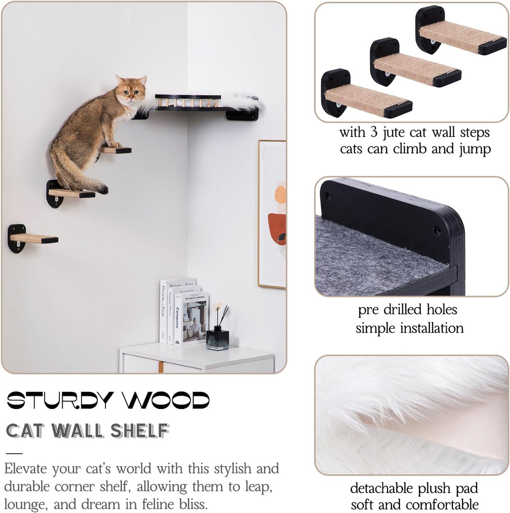 Cat Shelves - 3-Step Wall Climbing Set with Plush Covered Bed, Corner Mounted for Large Cats