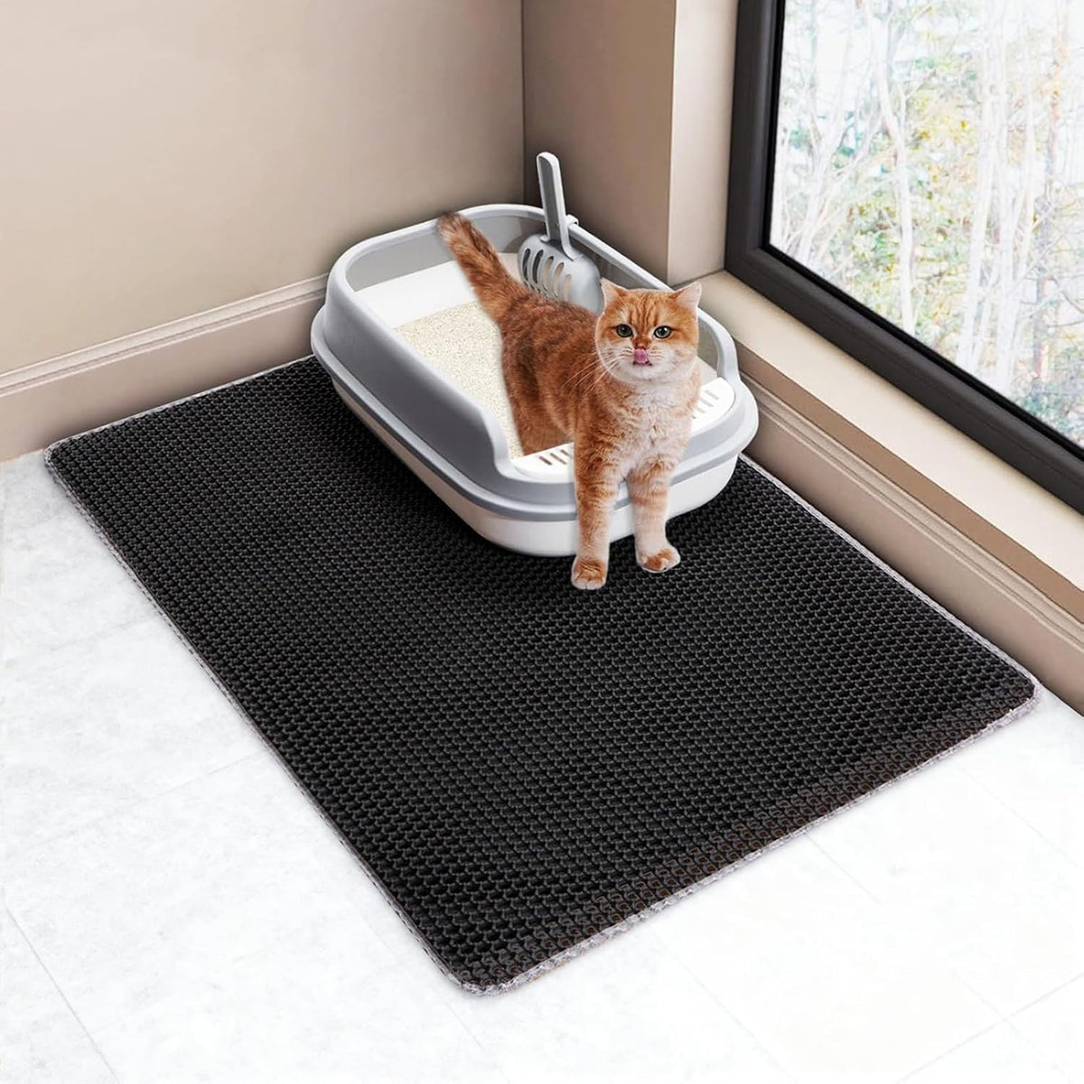 Cat Litter Mat Large, 35x25in Kitty Litter Box Mat Larger for Less Scatter | 2-Layer Honeycomb Effective Litter Trapping Mat, Oversized Large Waterproof Urine-Resistant Cat Mat, Easy Lift & Pour, Gray