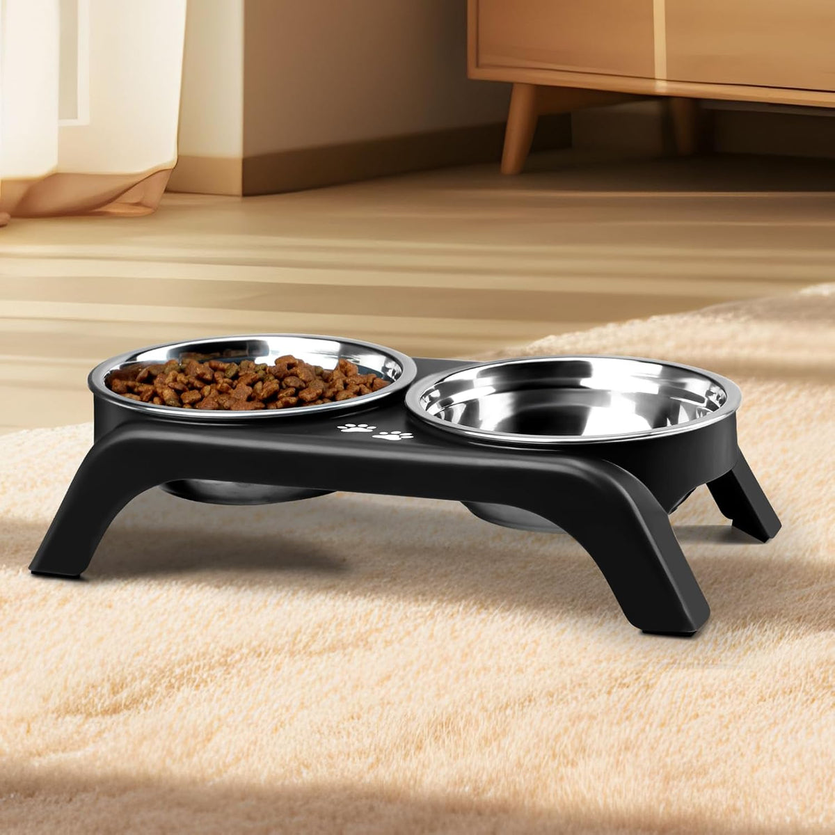 Elevated Dog Bowls for Small Dogs, 3” High Raised Dog Bowl Stand with Dual 5” Stainless Steel Bowls Non-Slip Pet Feeder for Puppy and Cats, Dishwasher Safe, Black