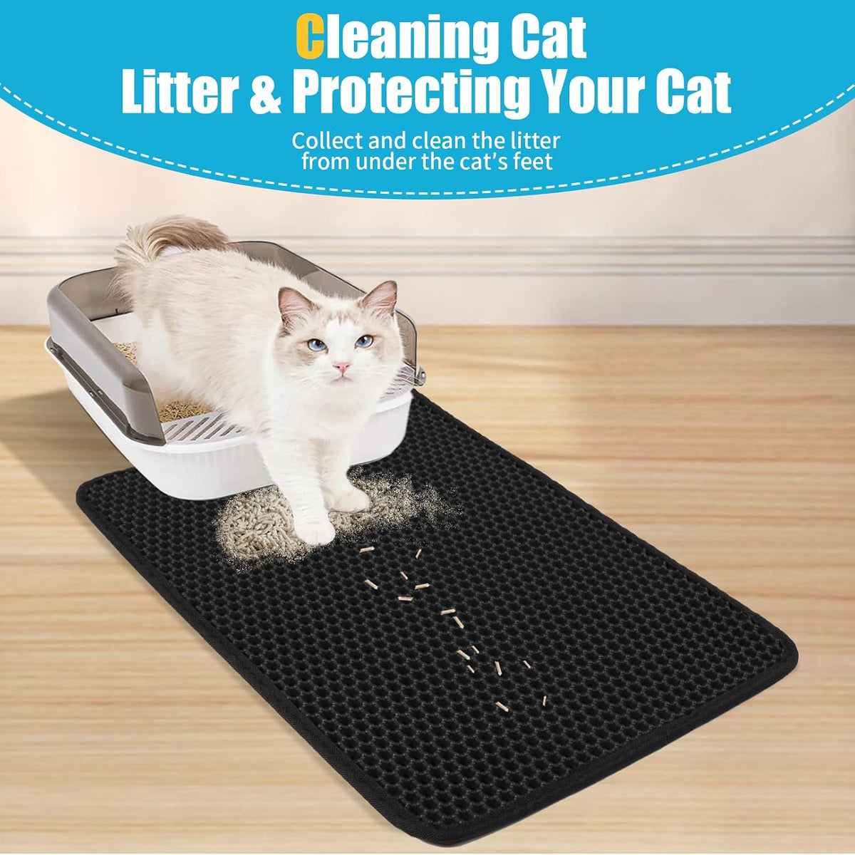 Cat Litter Mat 35"x24", Double Layer Waterproof Litterbox Mat, Black | Non-slip backing, washable for easy cleanup, traps stray litter with waterproof honeycomb large grid that is urine-proof