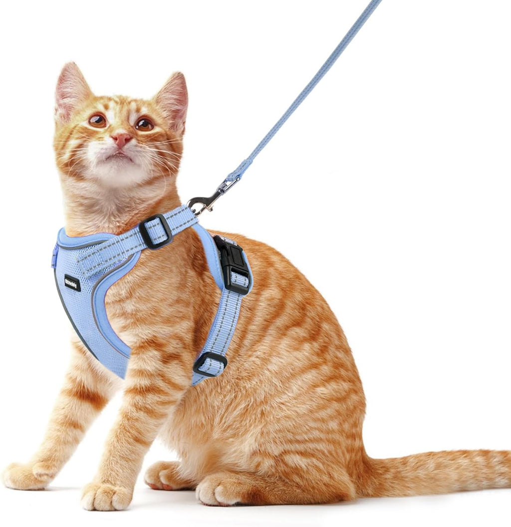 Cat Harness and Leash Set, Escape Proof Cat Harness with Reflective Strips, Breathable Mesh Vest, Adjustable Walking Harness for Indoor Outdoor Cats, Kittens, Small Medium Large Cats (Blue, L)