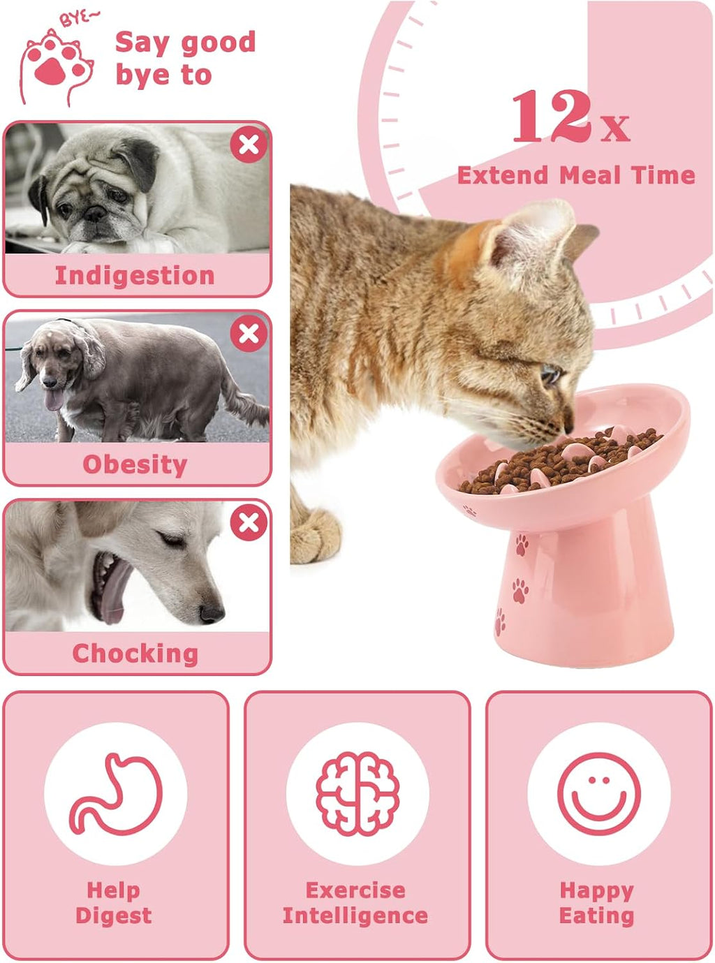Y YHY 6 Inch Slow Feeder Bowl, Elevated Dog & Cat Bowl, Ceramic, Anti Vomiting, Pink