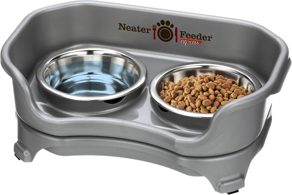 Neater Feeder Express Mess Proof Cat Bowls Elevated, No Spill Feeding Station, Stainless Steel Dishes for Food and Water, Raised Bowls for Indoor Cats, No Fatigue Whisker Friendly Dish, Grey 
