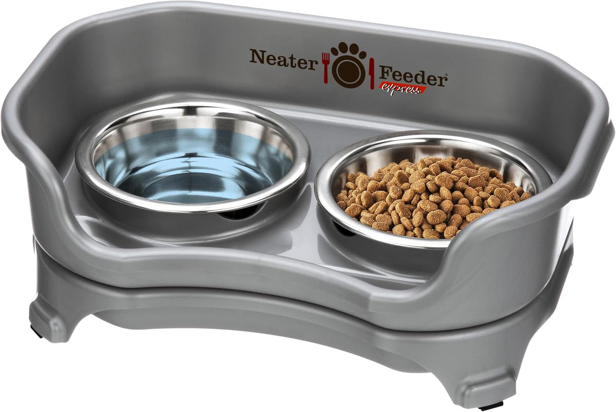 Neater Feeder Express Mess Proof Cat Bowls Elevated, No Spill Feeding Station, Stainless Steel Dishes for Food and Water, Raised Bowls for Indoor Cats, No Fatigue Whisker Friendly Dish, Grey 