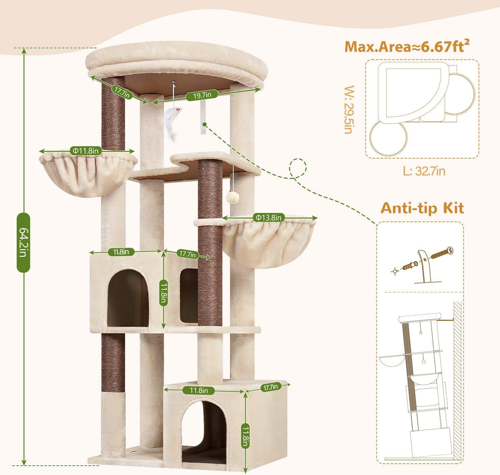 Globlazer C64 Heavy Duty Corner Cat Tree, 64in Large Cat Tower, Beige
