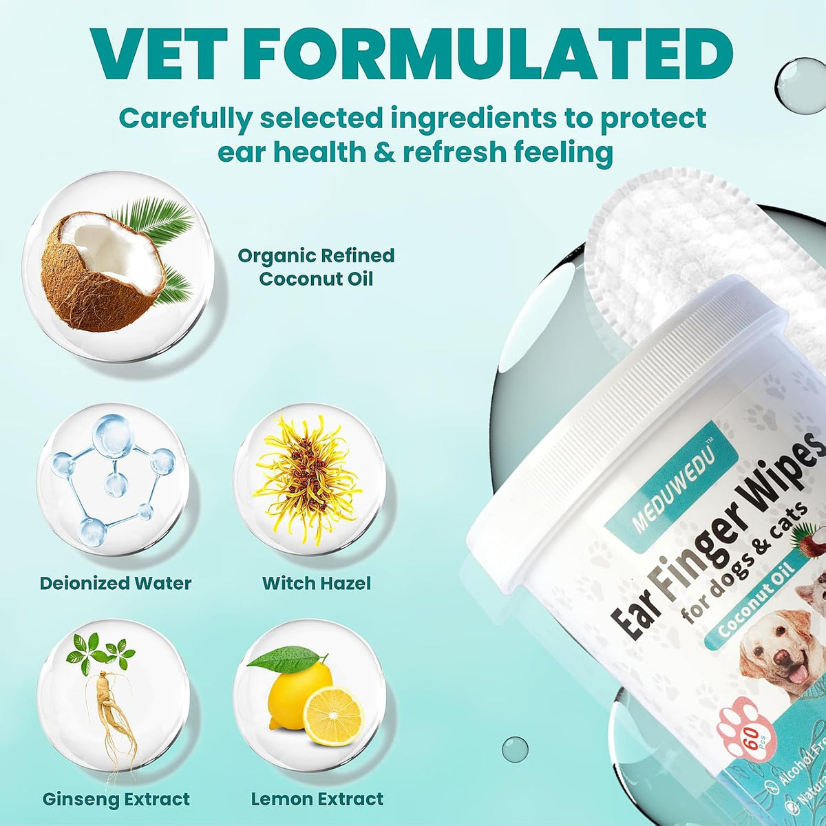 MEDUWEDU Ear Cleaner Finger Wipes 60 Counts, Dog Ear Cleaner, Grooming Kit Care for Dogs and Cats, Soft & Easy Otic Cleaning Pads, Remove Wax, Dirt & Stop Smelly, Itchy, Non-Irritating, Unscented