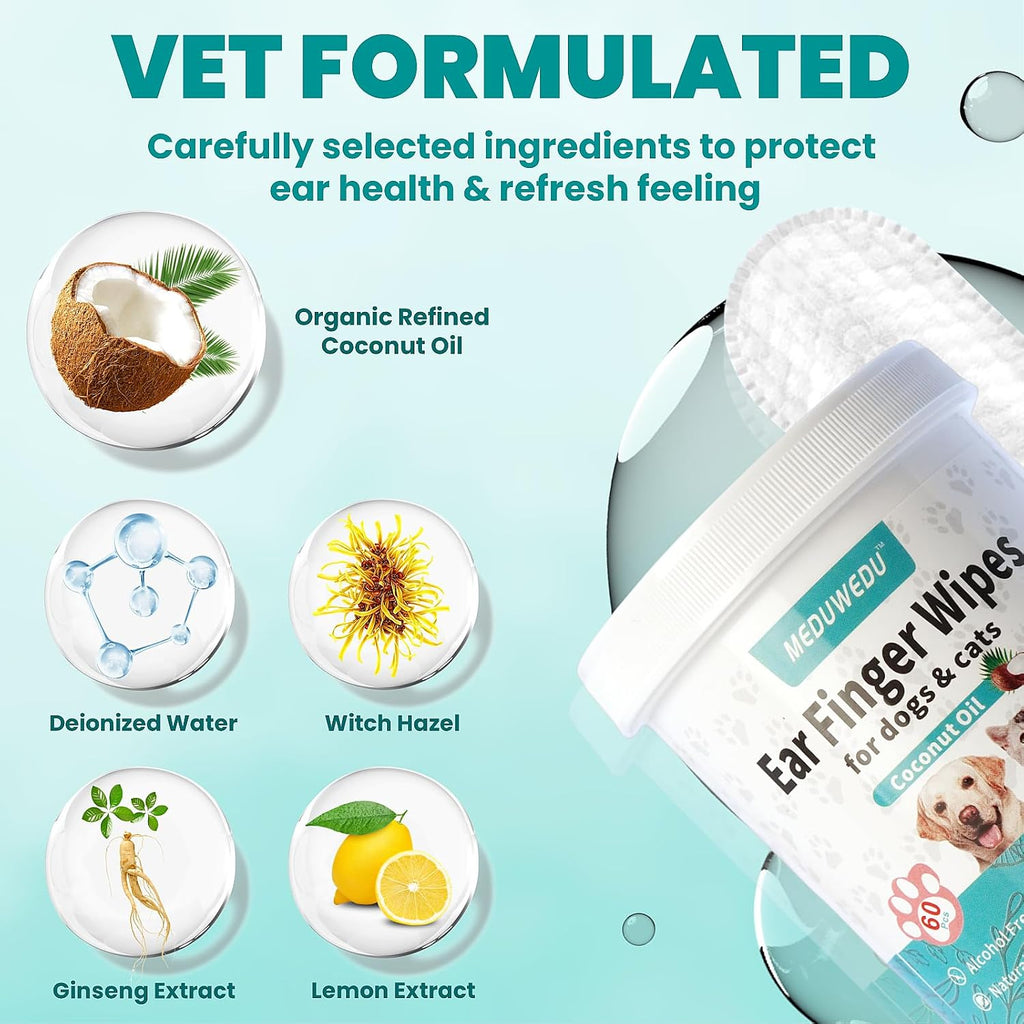 MEDUWEDU Ear Cleaner Finger Wipes 60 Counts, Dog Ear Cleaner,Soft & Easy Otic Cleaning Pads, Remove Wax, Dirt & Stop Smelly, Itchy, Non-Irritating, Grapefruit Scent