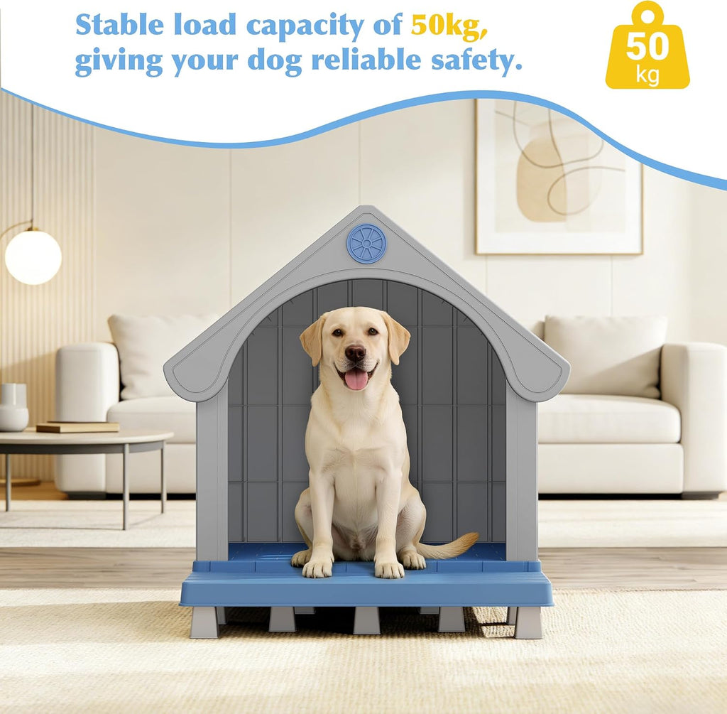 Bifanuo Dog House Outdoor Weatherproof with Porch for Small Medium Dogs, Durable Plastic Pet House with Sloping roof and Elevated Floor, Easy Cleaning and Assemble (Blue, 32.95"D x 31.5"W x 37.88"H)