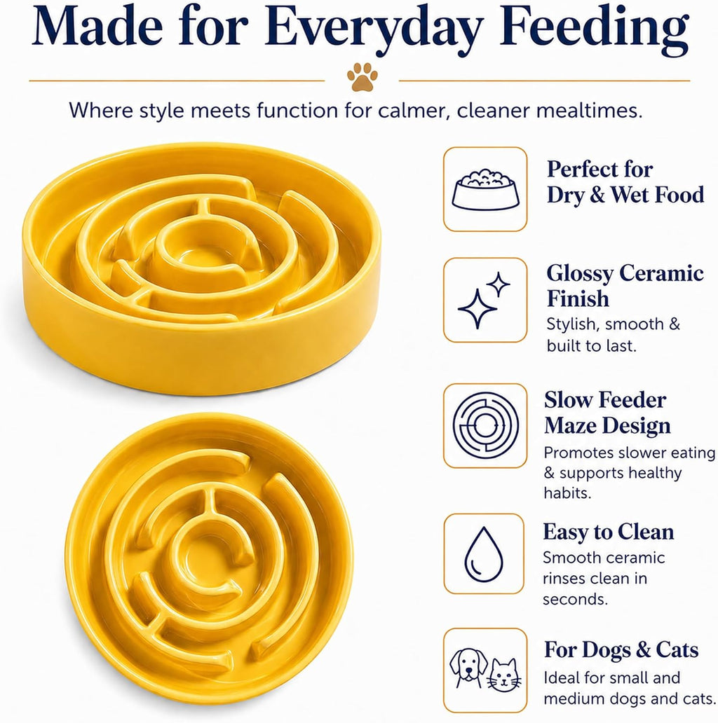 Ceramic Slow Feeder Dog Bowl, 1.5 Cup Puzzle Dish for Small Medium Dogs
