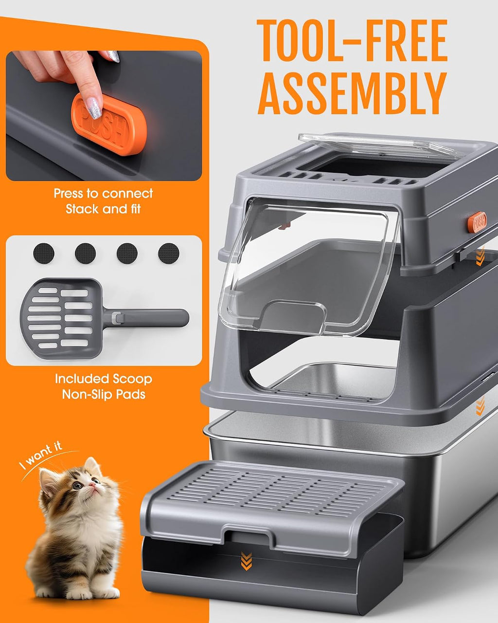 Powools Stainless Steel Enclosed Cat Litter Box, Elevated Step Box, Grey | 23.6 x 15.7 x 15.0 in, Metal Cat Litter Box with Lid, Litter Scoop, Activated-Carbon Pack, Non-Sticky, Easy to Clean