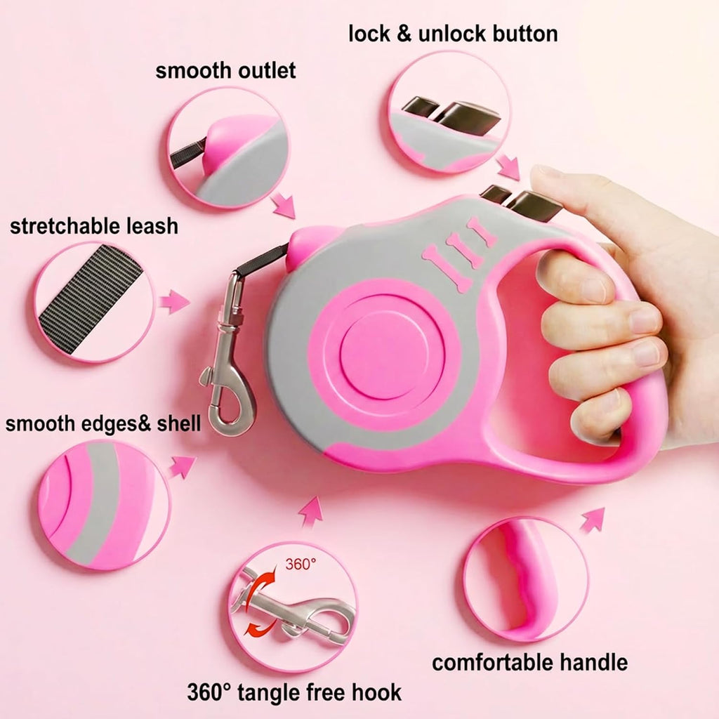 Retractable Dog Leash Lightweight 10/16FT Leash with Non-Slip Handle, for Small Medium Dogs (Gray Pink, 16 FT)
