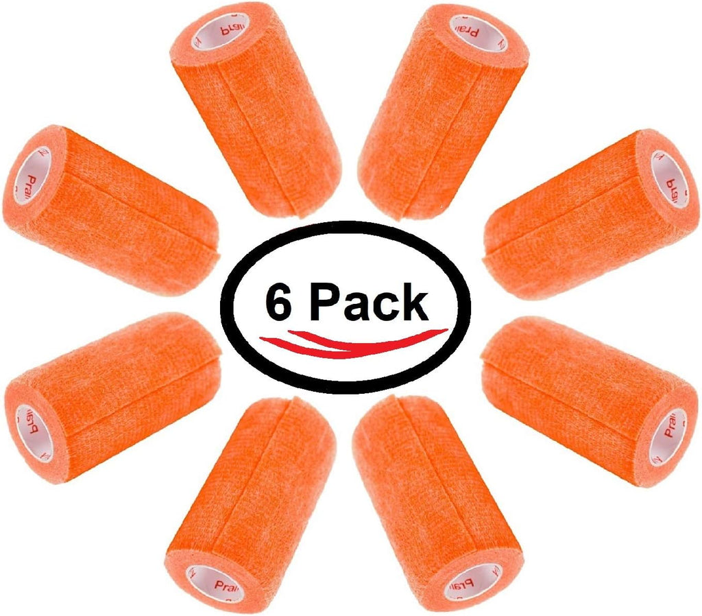 3 Inch Vet Wrap Tape Bulk (Orange) (Pack of 6) Self Adhesive Adherent Adhering Flex Bandage Grip Roll for Dog Cat Pet Horse