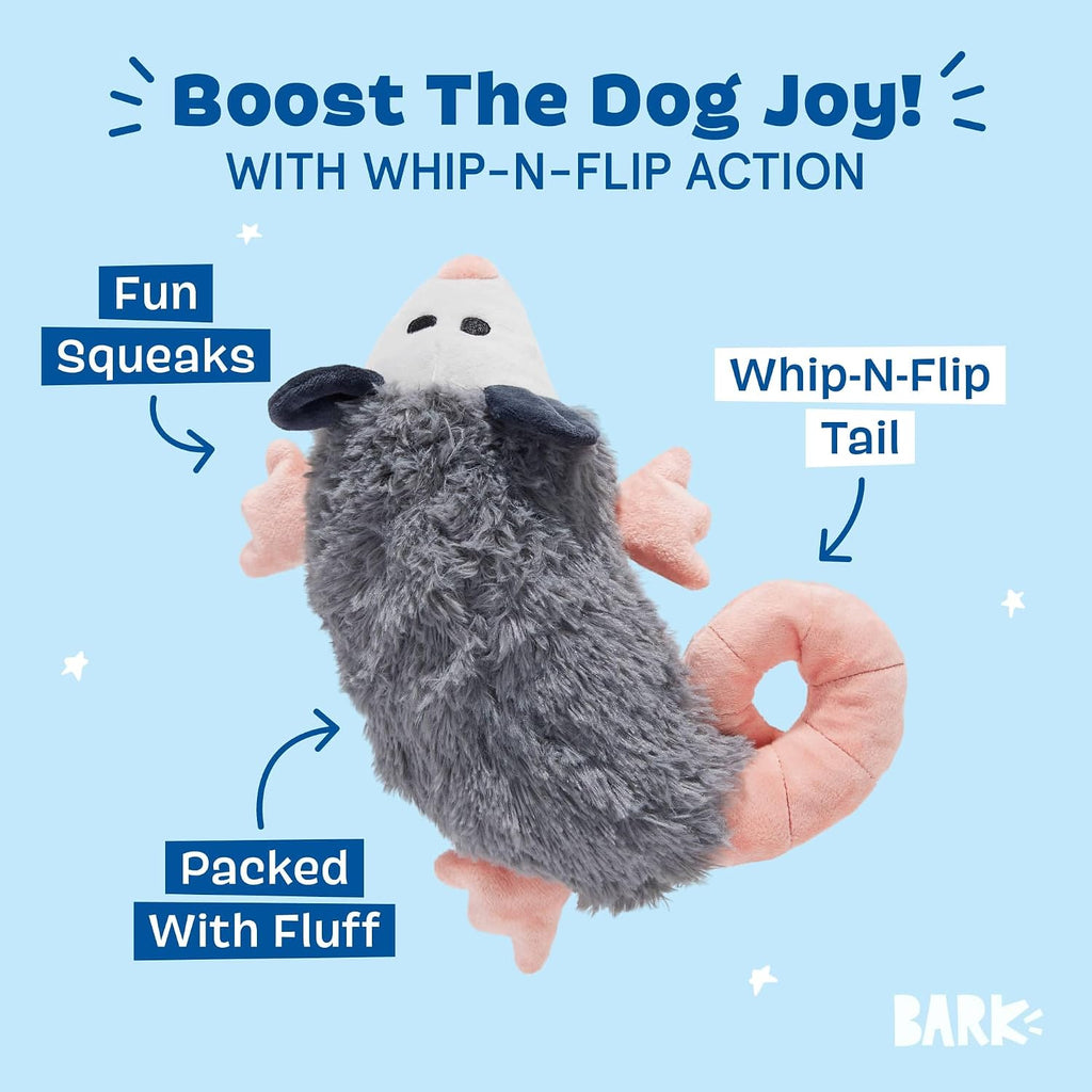 BarkBox Poppy Possum Interactive Plush Dog Toy | Squeaky Dog Chew Toy with Whip-N-Flip Tail - For Dogs and Puppies