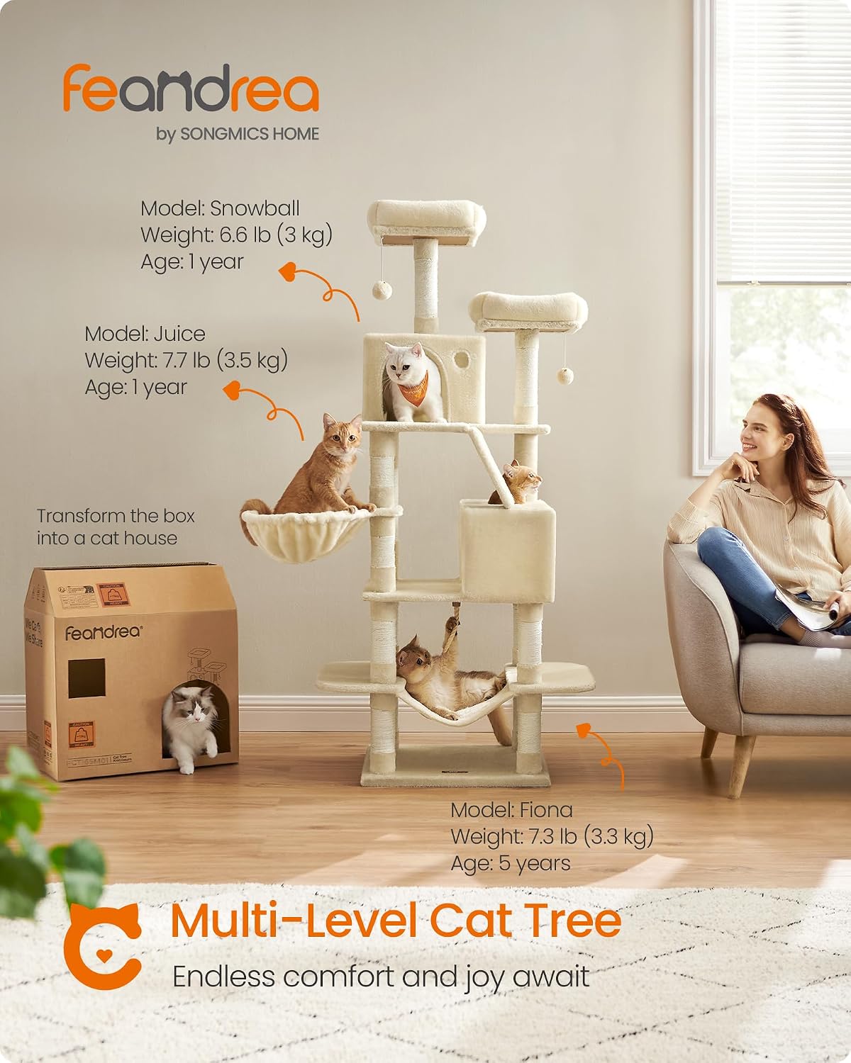 Feandrea Cat Tree, 66.1-Inch Large Cat Tower, Multi-Level Condo, Beige