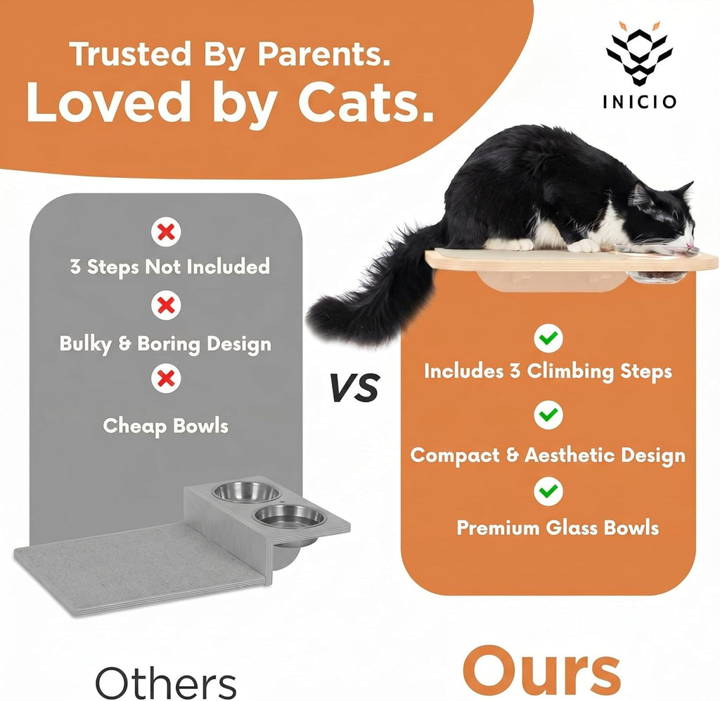 INICIO Cat Shelves - Feeding Shelf with 3 Cat Wall Steps - Natural Wood