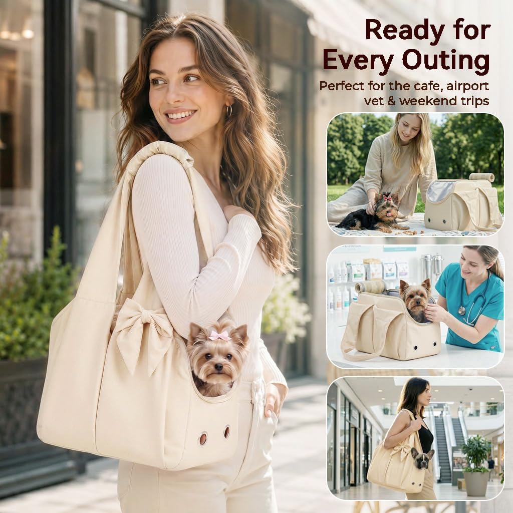 Fashion Dog Purse Carrier for Small Dogs and Cats, Soft-Sided Puppy Tote Bag Up to 13 lbs, Lightweight Pet Carrier with 4 Pockets, Smart Zipper Lock, Pet Travel Bag for Travel Outdoor(Beige)