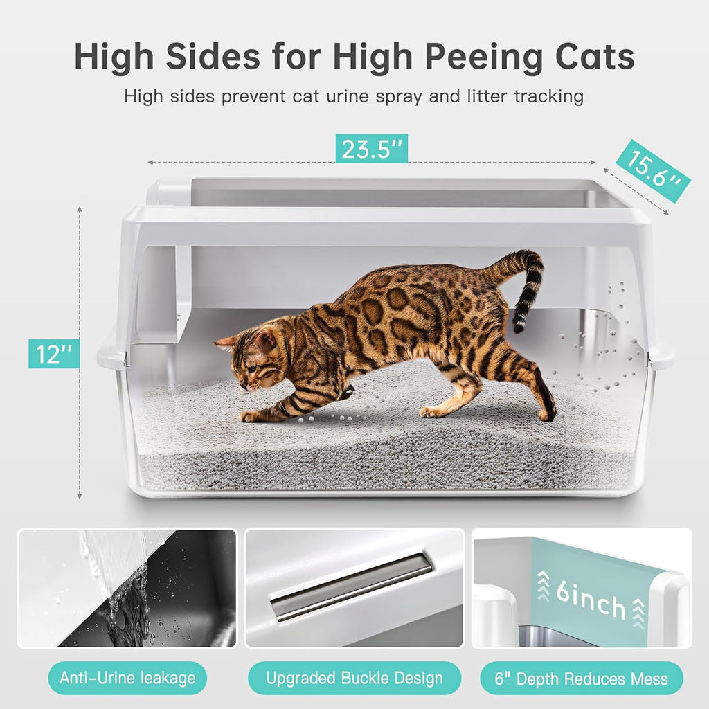 Stainless Steel Cat Litter Box, XL High Sided Open Top Pan with Scoop | XL for Big Cats, Non-Stick Odor-Free, 20L 30-Day Use Easy Clean, High Sides Block Spray & Tracking, Durable 3-5Yrs