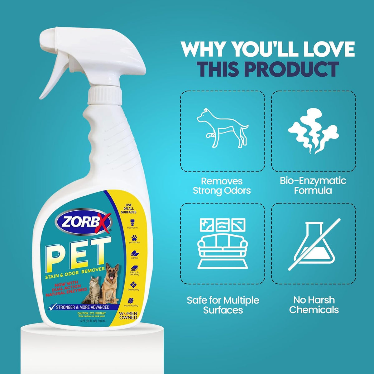 ZORBX Dual Action Enzyme Pet Stain & Odor Remover Spray 24 Oz