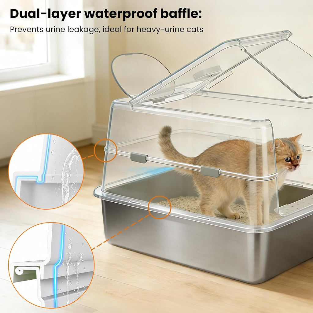 Stainless Steel XXL Cat Litter Box with 120° Lid, Enclosed Top Entry High-Sided Anti-Leak Cat Box, Dog Proof Litter Box for Multiple Cats, Includes Litter Step & Scoop