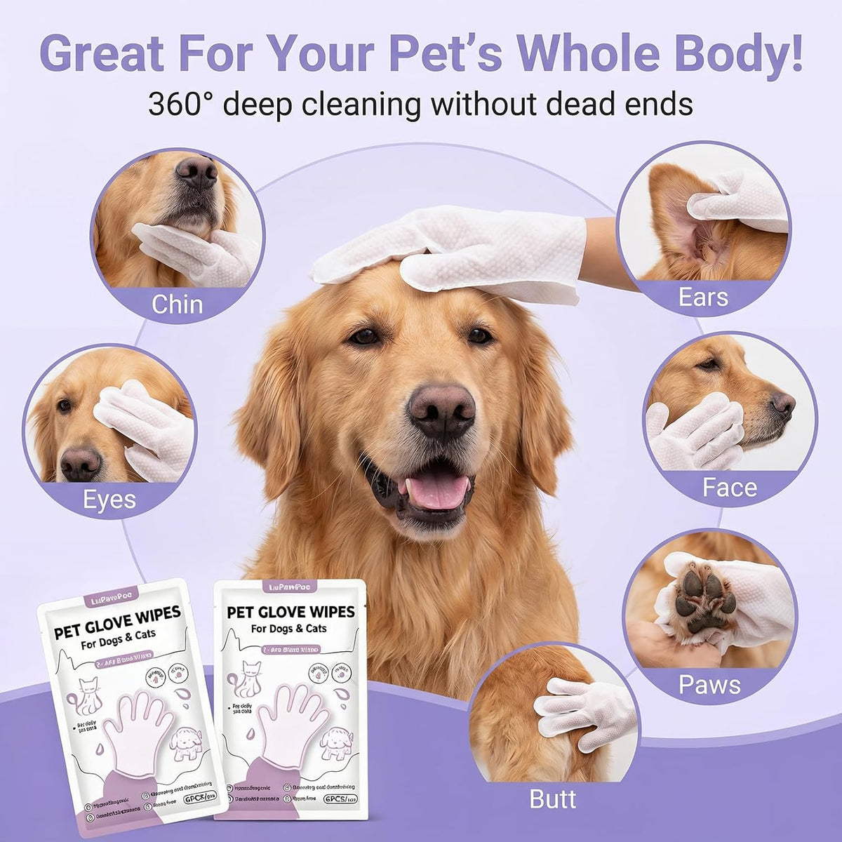 Pet Glove Wipes for Dogs & Cats, 2-in-1 Disposable Dog Cleaning Gloves for Bathing, No-Rinse Grooming Wipes for Paw, Face, Ear & Body, Aloe & Jojoba Oil, 6 Count