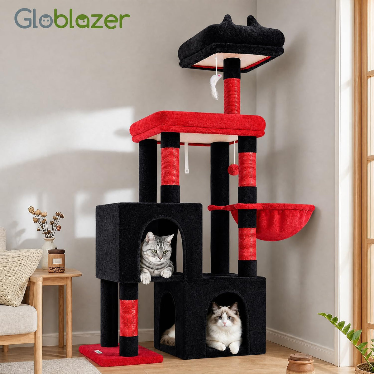 Globlazer 52in Gothic Cat Tree for Indoor Cats, 2 Condos, S52, Black Red