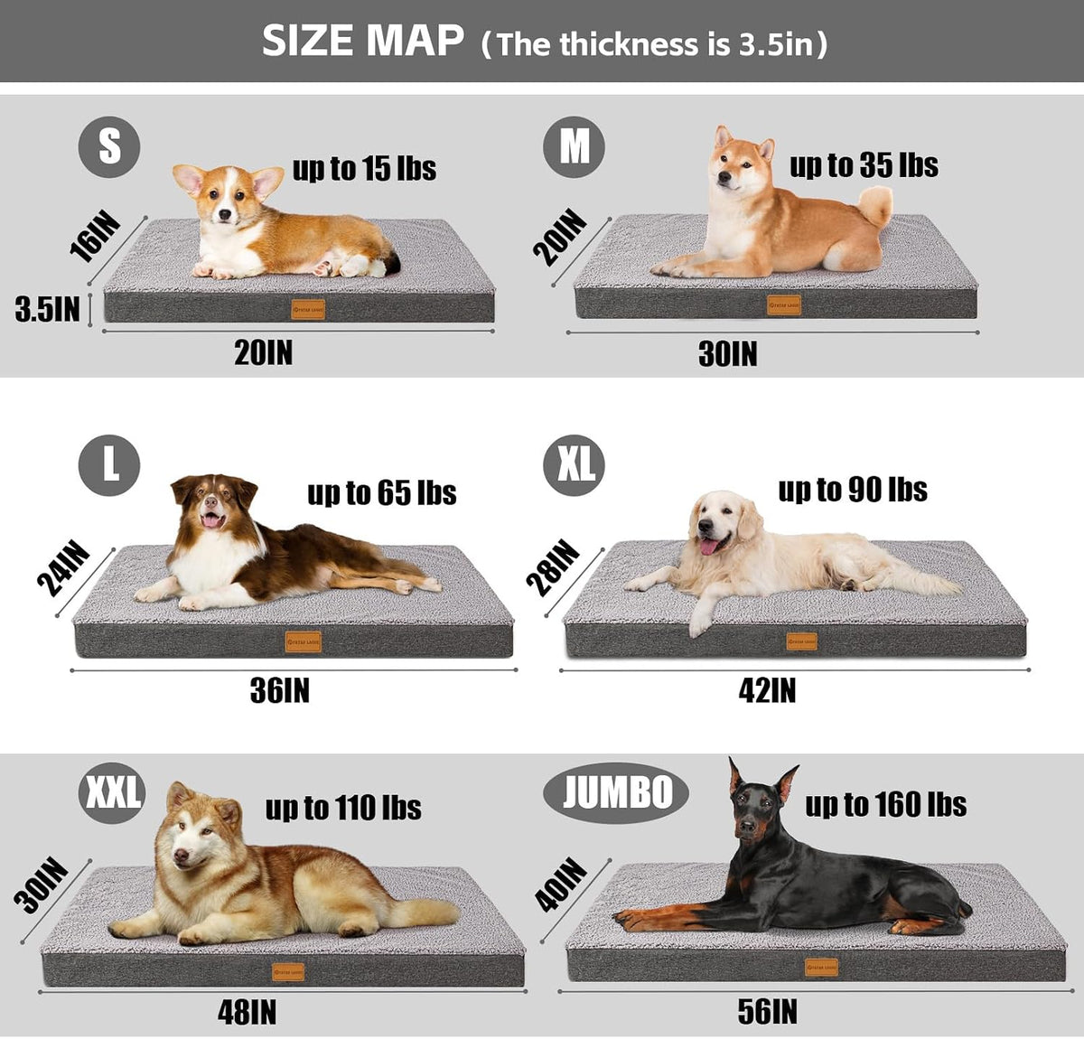 Patas Lague Orthopedic Large Dog Bed Washable Pet Sofa Mat 36''X24'' Grey