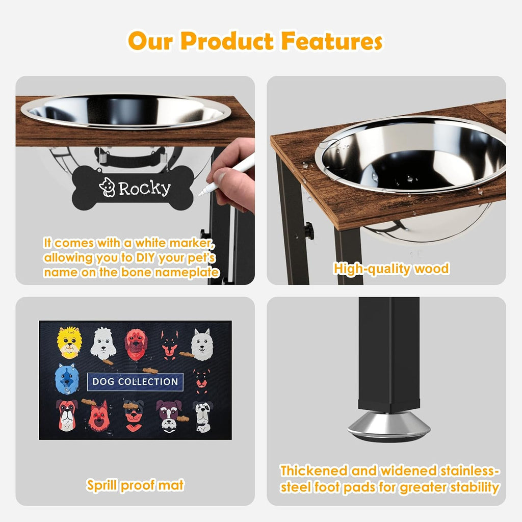 ADENGL Adjustable Elevated Dog Bowls, Raised Bowl Stand with 2 Stainless Steel Bowls (3000ml) and Spill-Proof Mat for Large and XLarge Breeds