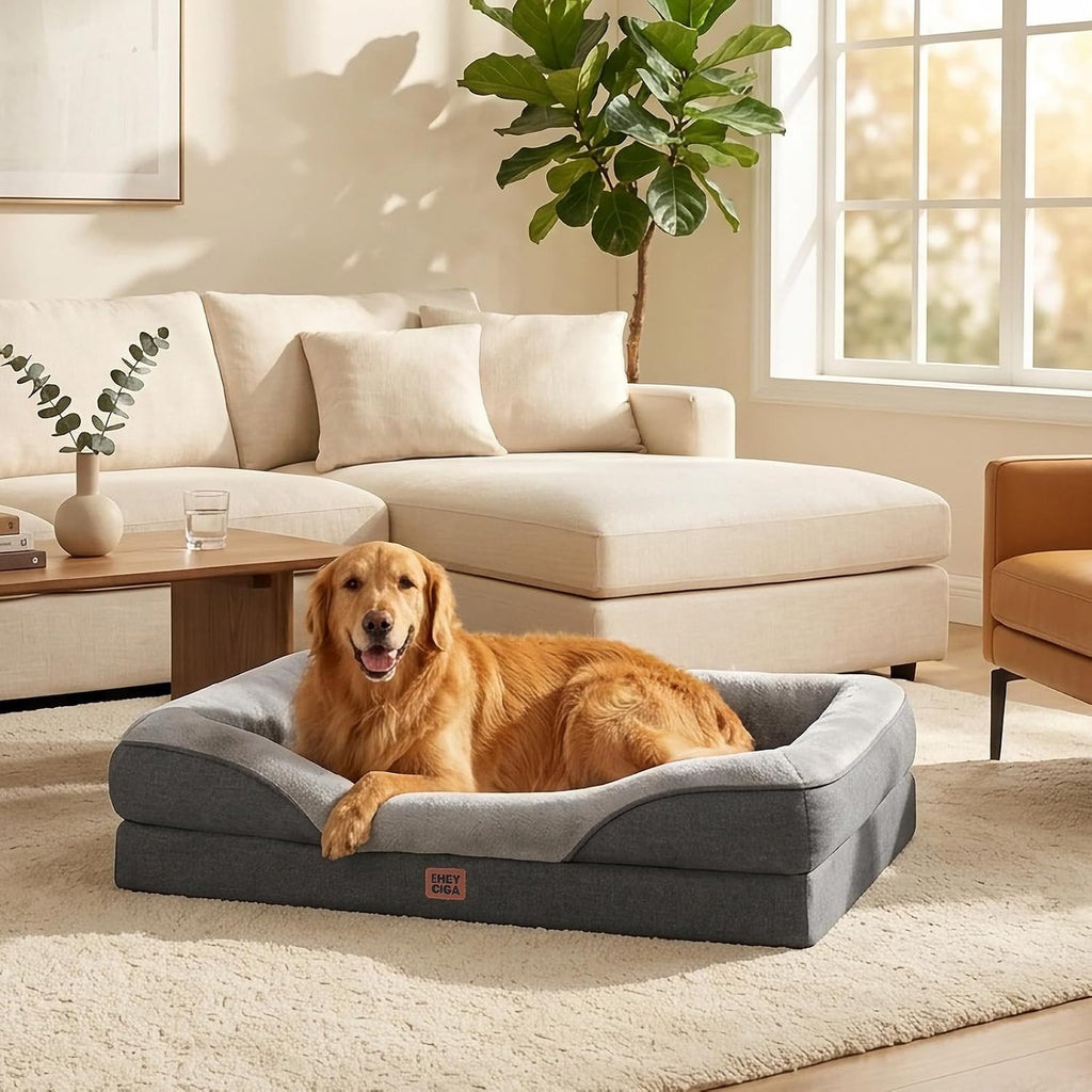 EHEYCIGA Orthopedic Dog Bed for Large Sized Dog, 45x35 Inch Large Memory Foam Dog Couch Bed with Sides, Waterproof Liner & Washable Removable Cover, Bolster Pet Sofa, Grey