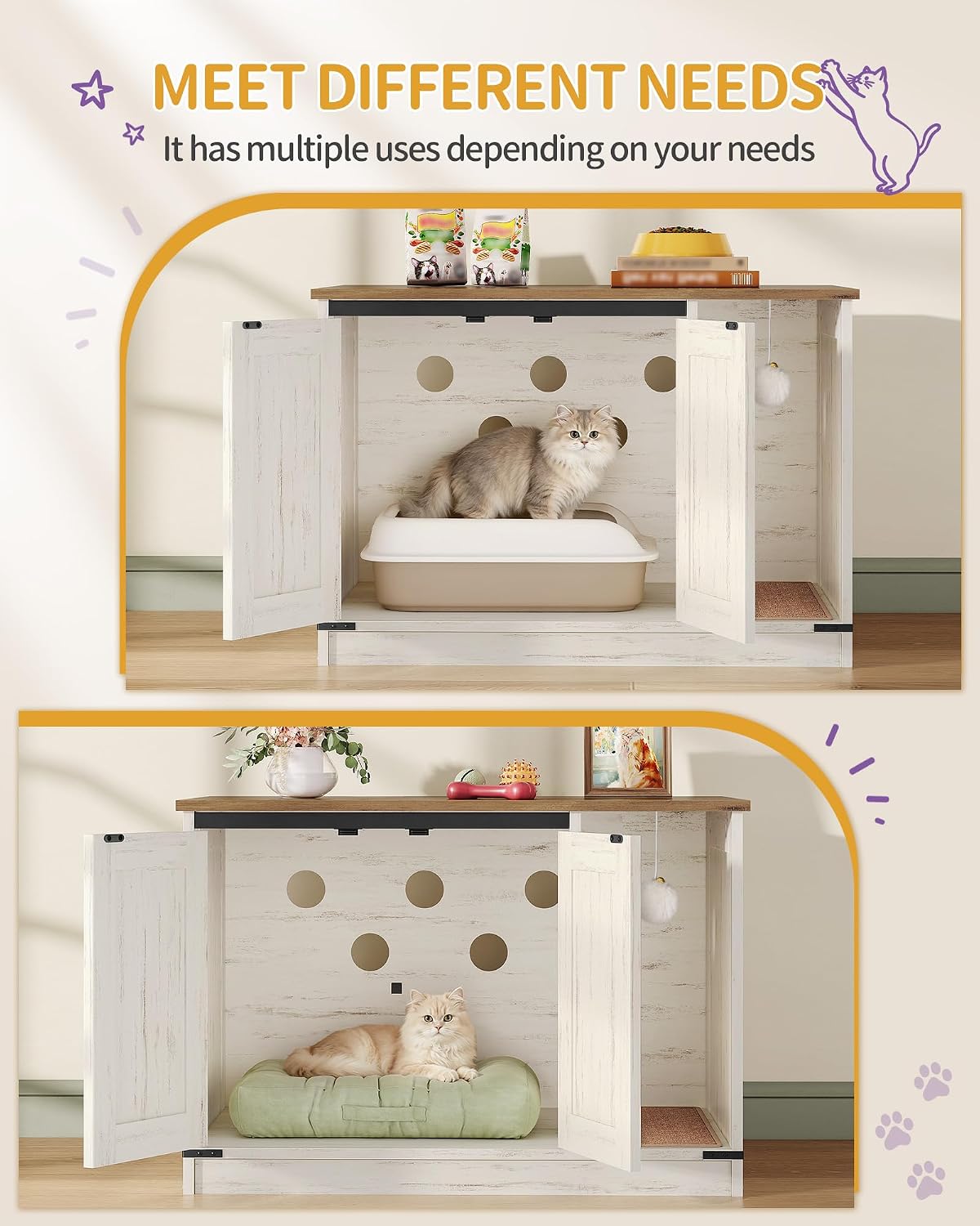 Hzuaneri Cat Litter Box Enclosure, Hidden Litter Box Cabinet Furniture | Indoor Cat House with Bell, Farmhouse Style, 31.5 x 19.7 x 20.9 Inches, for Hallway, Bedroom, Rustic Brown and White CB82414X