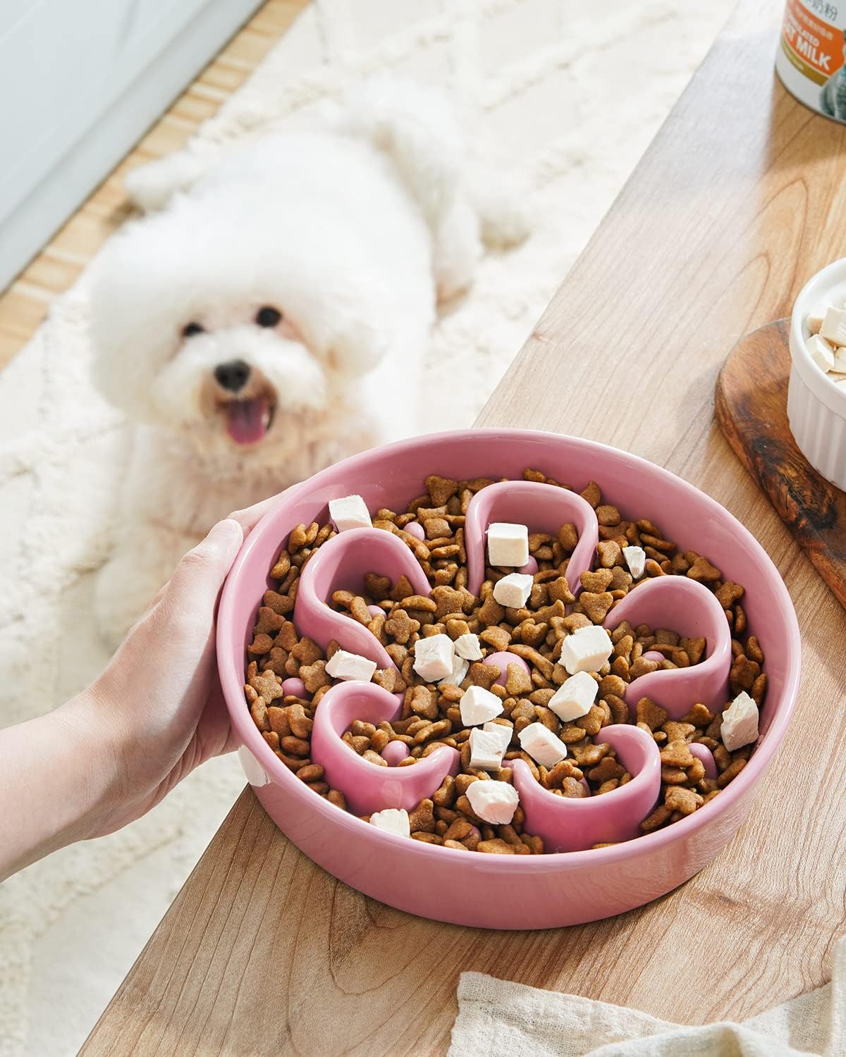 LE TAUCI Slow Feeder Dog Bowls Ceramic, 1.5 Cups Dog Food Bowl, Puppy Slow Feeder Dish for Fast Eaters,Pink Bloom 