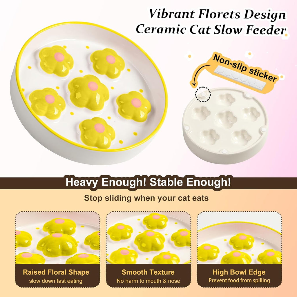 Ceramic Cat Slow Feeder Bowl - 6 OZ Puzzle Food Dish for Healthy Eating - Shallow Wide Whisker Friendly - Dishwasher Safe - 6.3''W x 1.2''H - 6 OZ - Yellow Flowers