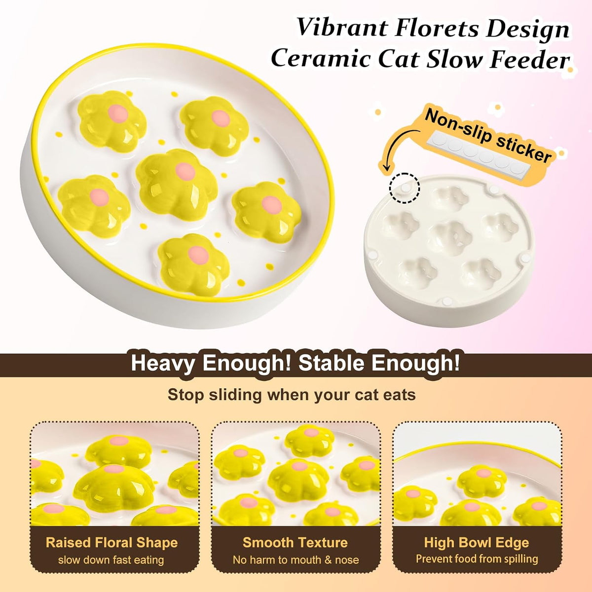 Ceramic Cat Slow Feeder Bowl - 6 OZ Puzzle Food Dish for Healthy Eating - Shallow Wide Whisker Friendly - Dishwasher Safe - 6.3''W x 1.2''H - 6 OZ - Yellow Flowers