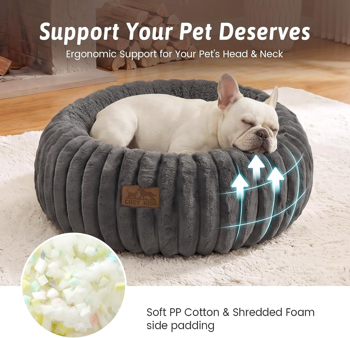 COZY KISS Calming Large Cat Bed, Donut Medium Dog Bed, 26in Grey