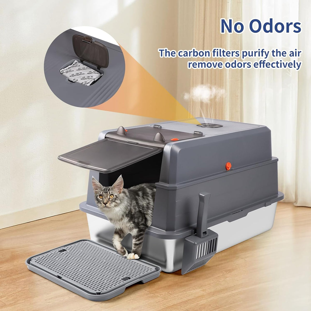XXXL Stainless Steel Litter Box with Lid 28"x20"x17" Cat Box, Dark Grey | Extra Large Enclosed Litter Box for Big Cats, High Sided Metal Cat Litter Box with Litter Scoop, Cat Step, Odor Control