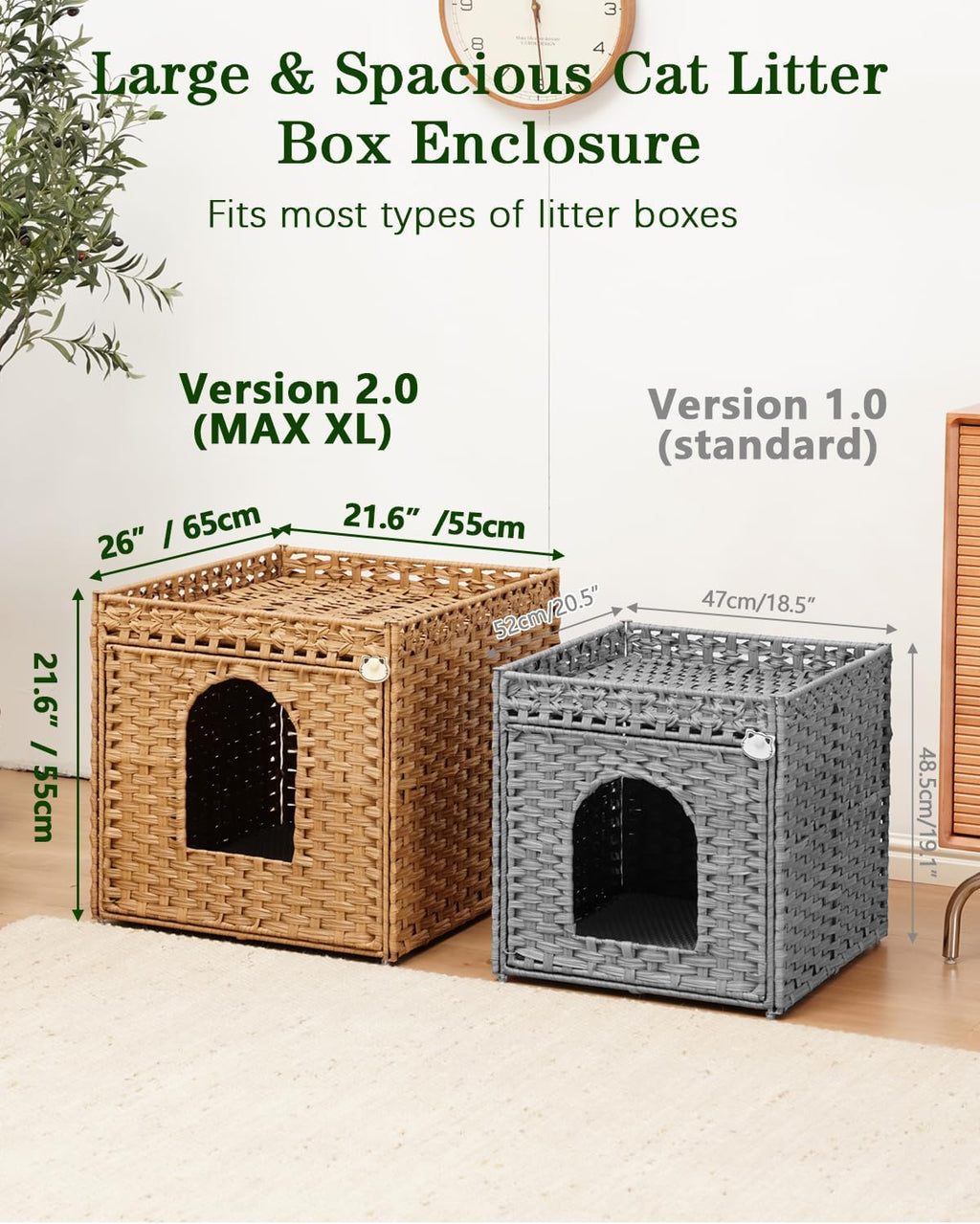 SETVSON Cat Litter Box Enclosure Furniture, Large PE Rattan Cabinet,Natural
