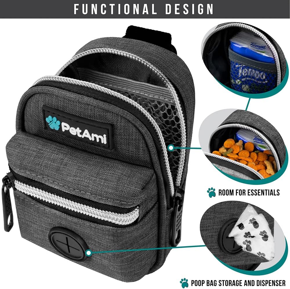 PetAmi Dog Poop Bag Holder for Leash Waste Bag Dispenser Pet Pouch Charcoal | Doggy Puppy Walking Accessories Travel Camping, Dog Treat Pouch Supplies Must Have, Doggie Poo, Jogging, Walks
