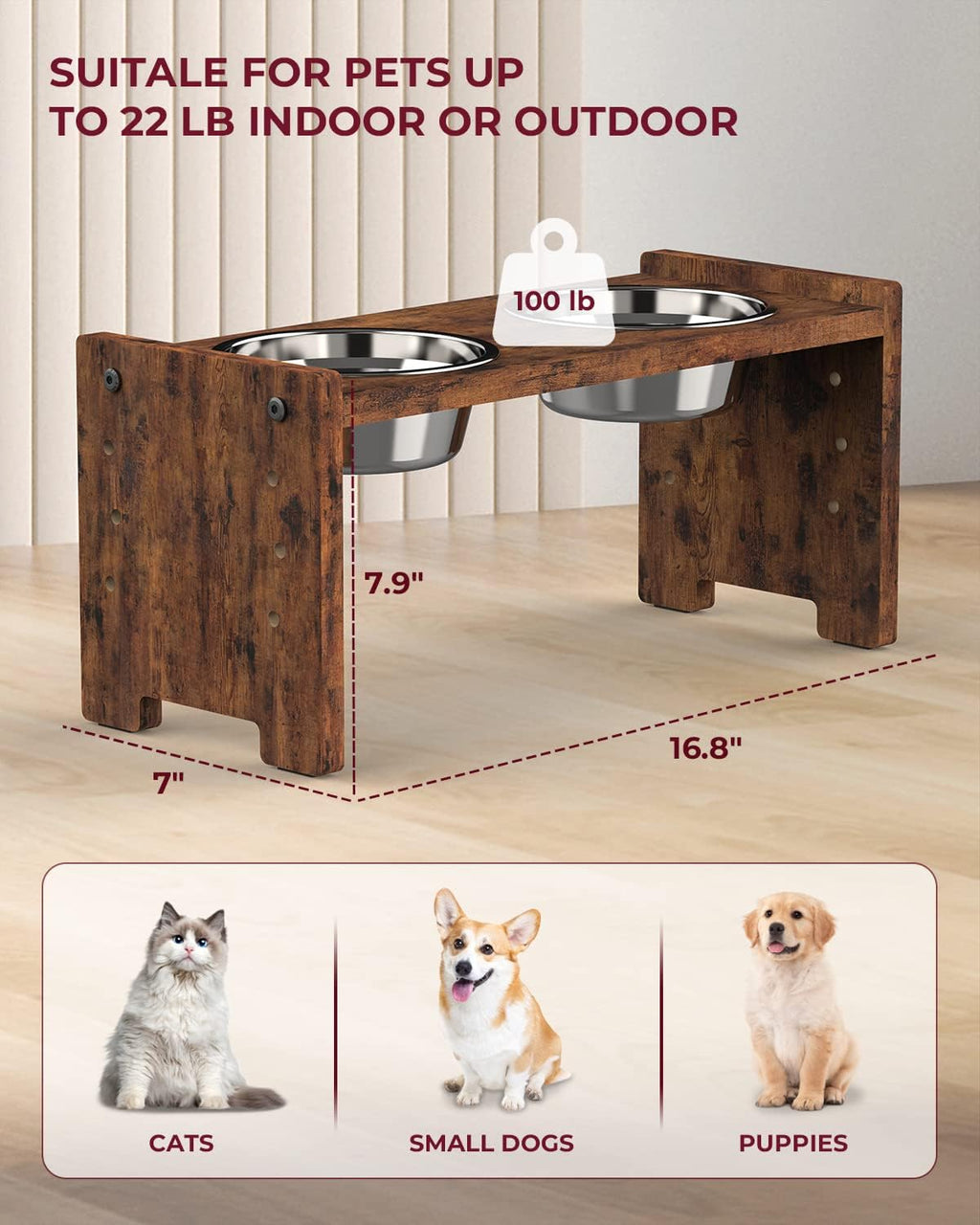 Elevated Dog Bowls, Raised Bowl Stand Adjustable Small, Rustic Brown | Particle Board Raised Feeder with 2 Stainless Steel Bowls, Adjustable Height for Small Puppies and Cats