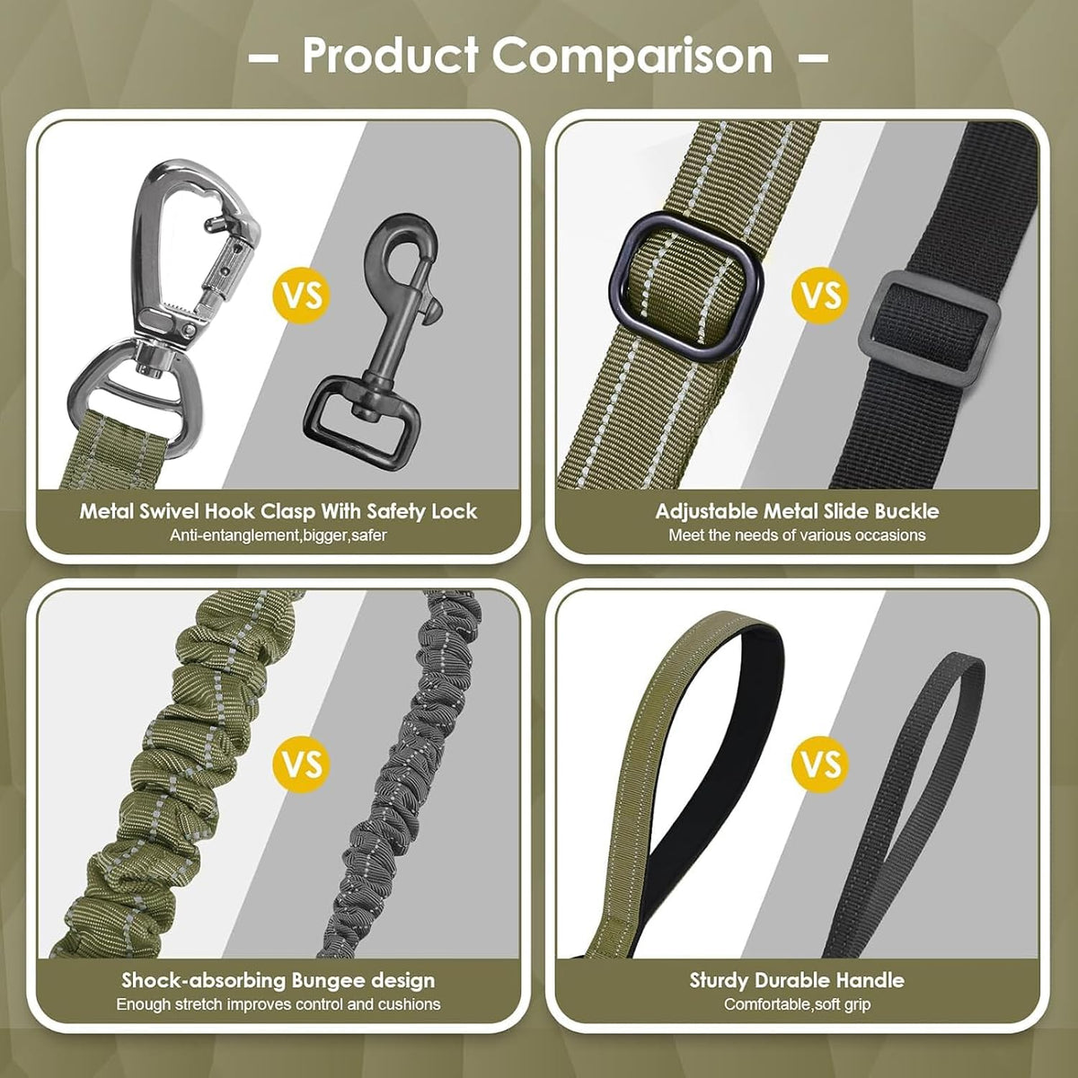 AUBELL Tactical Dog Leash Heavy Duty,4-6ft No Pull Bungee Leash,Green